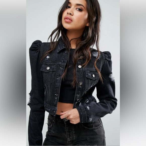 BOOHOO PUFF SLEEVE CROPPED DENIM JACKET SIZE 6 - Picture 1 of 10